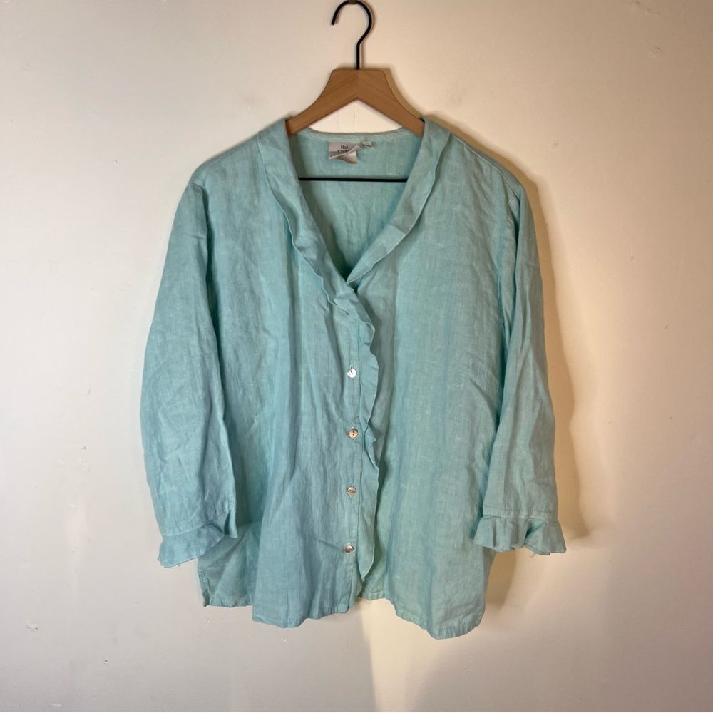 Hot Cotton Linen Baby Blue Aqua Button-Up Long sleeve Shirt Ruffle Hem XL